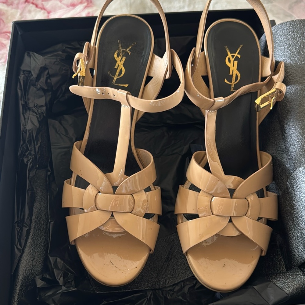 YSL Tribute Patent Platform Heels Nude